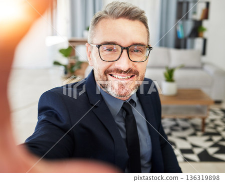 Selfie, smile and business man in office for profile picture, photo or relax on break. Portrait, happy and guy ceo influencer pose for podcast, blog or social media post at work with content creation Selfie, smile and business man in office for profile picture, photo or relax on break. Portrait, happy and guy ceo influencer pose for podcast, blog or social media post at work with content creation 136319898