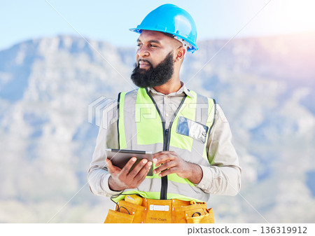 Black man, architect and thinking with tablet in city for construction planning, vision or rooftop installation. African male person, engineer or contractor with technology in wonder for architecture 136319912