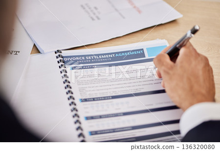 Divorce contract, hand and person sign legal paperwork, documents or settlement agreement for assets. Closeup pen, writing and businessperson compliance to marriage conclusion, policy or family law Divorce contract, hand and person sign legal paperwork, documents or settlement agreement for assets. Closeup pen, writing and businessperson compliance to marriage conclusion, policy or family law 136320080