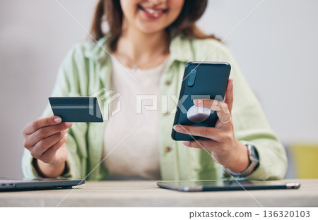 Hands, phone and credit card for payment, woman or typing at desk for online shopping, sale or smile. Lady, smartphone and banking with cybersecurity, fintech or ecommerce for discount, deal or promo Hands, phone and credit card for payment, woman or typing at desk for online shopping, sale or smile. Lady, smartphone and banking with cybersecurity, fintech or ecommerce for discount, deal or promo 136320103