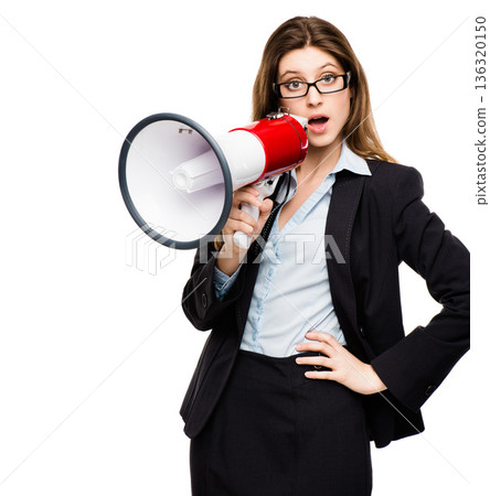 Shocked, megaphone and a business woman in studio for wow announcement, voice or speech. Surprised female model in corporate clothes with a loudspeaker for breaking news, protest or broadcast Shocked, megaphone and a business woman in studio for wow announcement, voice or speech. Surprised female model in corporate clothes with a loudspeaker for breaking news, protest or broadcast 136320150