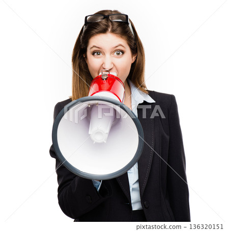 Business woman, megaphone and shouting in studio for serious announcement, voice or speech. Angry female model portrait in corporate clothes with loudspeaker for breaking news, protest or broadcast Business woman, megaphone and shouting in studio for serious announcement, voice or speech. Angry female model portrait in corporate clothes with loudspeaker for breaking news, protest or broadcast 136320151