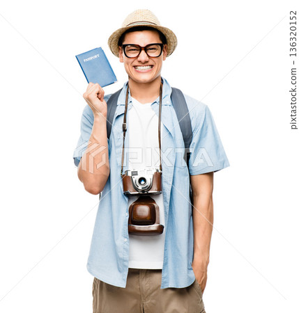 Portrait, tourist and excited man with passport in studio isolated on white background mockup. Glasses, travel document and happy male person from Italy in summer hat for holiday, vacation or journey Portrait, tourist and excited man with passport in studio isolated on white background mockup. Glasses, travel document and happy male person from Italy in summer hat for holiday, vacation or journey 136320152