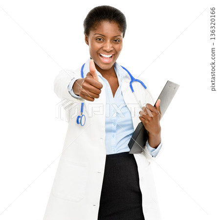 Thank you, woman doctor with thumbs up and against a white background for motivation. Congratulations or feedback, review or success and portrait of female surgeon with hand emoji gesture for vote Thank you, woman doctor with thumbs up and against a white background for motivation. Congratulations or feedback, review or success and portrait of female surgeon with hand emoji gesture for vote 136320166