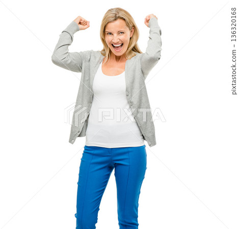 Happy, celebration and portrait of mature woman in studio excited for news, sale or promo on white background. Wow, face and lady winner smile for announcement, discount or competition prize giveaway Happy, celebration and portrait of mature woman in studio excited for news, sale or promo on white background. Wow, face and lady winner smile for announcement, discount or competition prize giveaway 136320168