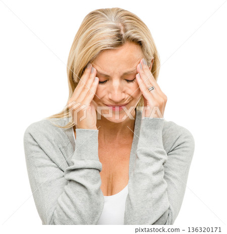 Headache, anxiety and mature woman in studio with problem, mistake or mental health crisis on white background. Migraine, stress and female worry, fear or fail, depression and brain fog or vertigo 136320171