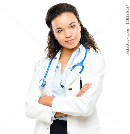 Doctor portrait, woman smile and arms crossed happy from healthcare and wellness career in studio. Young female employee, medical worker and white background and feeling proud and vision from job 136320184
