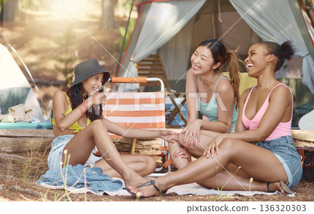 Relax, camping and happy with friends in nature for bonding, summer and travel. Vacation, social and happiness with group of people laughing in forest for adventure, journey and conversation Relax, camping and happy with friends in nature for bonding, summer and travel. Vacation, social and happiness with group of people laughing in forest for adventure, journey and conversation 136320303