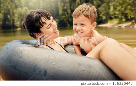 Lake, swimming and parent with kid in water while camping in a forest for vacation or holiday together. Travel, swimming and mother bonding with child in nature for freedom, love and happiness Lake, swimming and parent with kid in water while camping in a forest for vacation or holiday together. Travel, swimming and mother bonding with child in nature for freedom, love and happiness 136320443