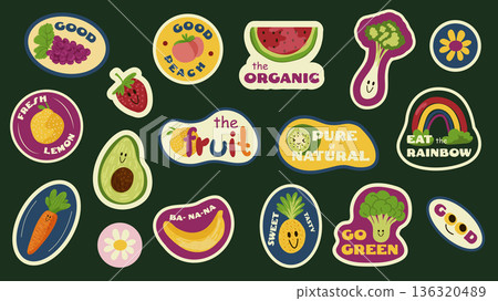 Fruit stickers elements set design. Collection with food labels for grape, peach, watermelon, broccoli, lemon, strawberry, citrus, kiwi, carrot, banana, pineapple, more stamps. Vector illustration. Fruit stickers elements set design. Collection with food labels for grape, peach, watermelon, broccoli, lemon, strawberry, citrus, kiwi, carrot, banana, pineapple, more stamps. Vector illustration. 136320489