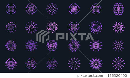 Purple flat fireworks elements set design. Collection with abstract rounded festival explosions, celebration firecracker symbols, carnival starbursts exploding, confetti stars. Vector illustration. Purple flat fireworks elements set design. Collection with abstract rounded festival explosions, celebration firecracker symbols, carnival starbursts exploding, confetti stars. Vector illustration. 136320490