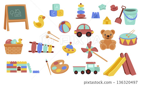 Cute kids toys elements set design. Collection with kindergarten chalkboard, rubber duck, blocks, pyramid, sandbox molds, scoop and shovel, car, ball, teddy bear, xylophone, more. Vector illustration. Cute kids toys elements set design. Collection with kindergarten chalkboard, rubber duck, blocks, pyramid, sandbox molds, scoop and shovel, car, ball, teddy bear, xylophone, more. Vector illustration. 136320497