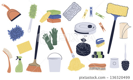Cleaning equipment elements set design. Collection with dustpan, brushes, sponges, scrapers, clothespin, paper towel, mop, rubber gloves, garbage bag, detergent spray, bucket. Vector illustration. Cleaning equipment elements set design. Collection with dustpan, brushes, sponges, scrapers, clothespin, paper towel, mop, rubber gloves, garbage bag, detergent spray, bucket. Vector illustration. 136320499