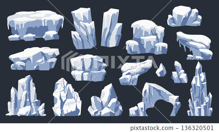 Blue icebergs elements set design. Collection with floating ice blocks, freeze rocks, melting cliffs, frost glacial pieces and crystal bergs with different shapes and icicles. Vector illustration. Blue icebergs elements set design. Collection with floating ice blocks, freeze rocks, melting cliffs, frost glacial pieces and crystal bergs with different shapes and icicles. Vector illustration. 136320501