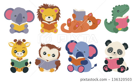 Animals reading books elements set design. Collection with cute elephant, lion, cat, dinosaur, giraffe, owl and panda holding open books, read tales or story, learning literacy. Vector illustration. Animals reading books elements set design. Collection with cute elephant, lion, cat, dinosaur, giraffe, owl and panda holding open books, read tales or story, learning literacy. Vector illustration. 136320503