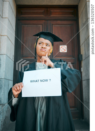Black woman, what now sign and college student thinking of education choice, decision or graduate unemployment. Poster, brainstorming and learning African person doubt over university career prospect 136320507