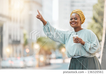 Travel, city and happy black woman try to stop taxi, cab or metro bus for transport, morning journey or ride. Smile, road transportation service and African person gesture at car for urban commute Travel, city and happy black woman try to stop taxi, cab or metro bus for transport, morning journey or ride. Smile, road transportation service and African person gesture at car for urban commute 136320561