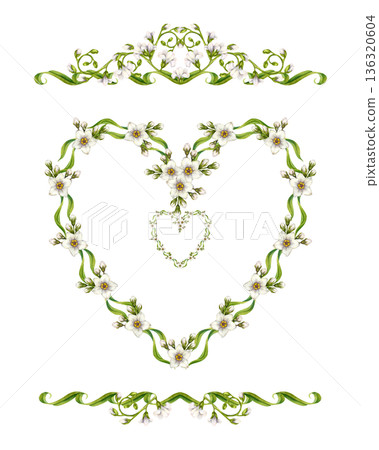 Heart template with a floral design: white flowers, green leaves. Elegant watercolor set for wedding designs, invitations, greeting cards for Valentine's, Mother's Day, birthdays, summer, spring decor Heart template with a floral design: white flowers, green leaves. Elegant watercolor set for wedding designs, invitations, greeting cards for Valentine's, Mother's Day, birthdays, summer, spring decor 136320604