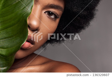 Black woman, eye and leaf, natural beauty and eco friendly cosmetics with facial on studio background. Face, portrait and African model with lashes, skincare and glow with sustainable dermatology 136320607