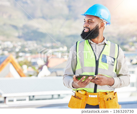 Happy black man, architect and thinking with tablet in city for construction, vision or rooftop installation. African male person, engineer or contractor with technology for building or architecture Happy black man, architect and thinking with tablet in city for construction, vision or rooftop installation. African male person, engineer or contractor with technology for building or architecture 136320730