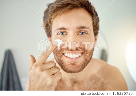 Bathroom, face cream or portrait of happy man with home facial cleaning, morning skincare grooming or male beauty routine. Cosmetology cosmetics, self care and fresh person smile for acne treatment Bathroom, face cream or portrait of happy man with home facial cleaning, morning skincare grooming or male beauty routine. Cosmetology cosmetics, self care and fresh person smile for acne treatment 136320753