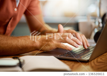 Man, hands and typing on laptop for email, communication or networking in research on table at home. Closeup hand of male person working on computer for online browsing, chatting or texting in house Man, hands and typing on laptop for email, communication or networking in research on table at home. Closeup hand of male person working on computer for online browsing, chatting or texting in house 136320811