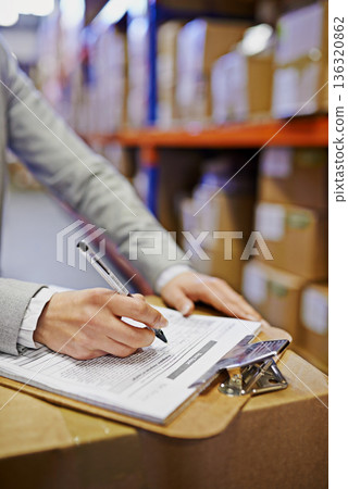 Hands, signature and clipboard with documents in warehouse, logistics and export in supply chain factory. Delivery, ecommerce and person sign distribution paperwork, shipping wholesale and invoice Hands, signature and clipboard with documents in warehouse, logistics and export in supply chain factory. Delivery, ecommerce and person sign distribution paperwork, shipping wholesale and invoice 136320862