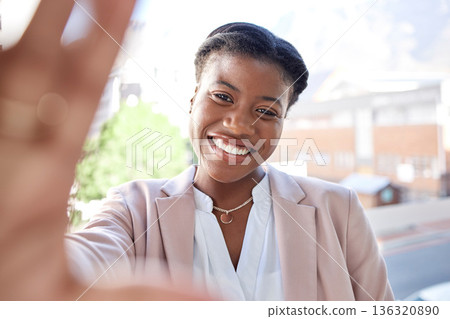 Happy black woman, selfie and city for photograph, memory or online outdoor vlog. Face portrait of African female person or employee smile in happiness for urban travel, photo or social media picture 136320890