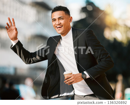 Business man, wave and taxi in city, traffic and street for transport, travel and coffee in legal career. Corporate lawyer, happy and outdoor on sidewalk to stop bus, chauffeur and car in metro road 136320892
