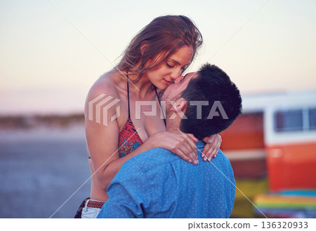 Couple, kiss and love at the beach on date, vacation or road trip in summer with partner, together and romantic adventure. People, dating and support in relationship, happiness or boyfriend and girl Couple, kiss and love at the beach on date, vacation or road trip in summer with partner, together and romantic adventure. People, dating and support in relationship, happiness or boyfriend and girl 136320933