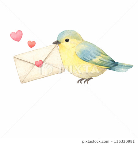 水彩風格的鳥兒叼著一封信，心形字母鏤空插圖 136320991