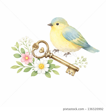水彩風格鳥類與古董鑰匙花卉裝飾剪紙插圖素材 水彩風格鳥類與古董鑰匙花卉裝飾剪紙插圖素材 136320992