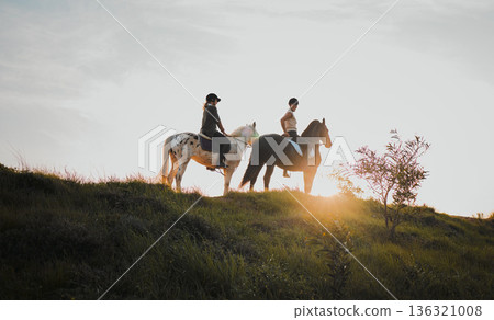 Horse riding, sunset or hobby with friends the countryside on horseback looking at the view during a summer morning. Nature, equestrian and female riders outdoor together for travel fun or adventure Horse riding, sunset or hobby with friends the countryside on horseback looking at the view during a summer morning. Nature, equestrian and female riders outdoor together for travel fun or adventure 136321008