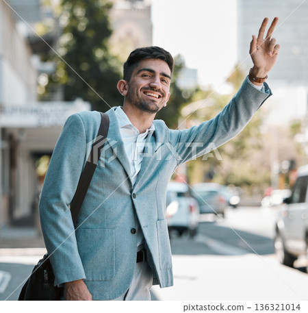 Business man, wave and taxi in traffic, street or city for transportation, travel and smile in finance career. Young accountant, happy and outdoor on sidewalk to stop bus, tram or car in metro road Business man, wave and taxi in traffic, street or city for transportation, travel and smile in finance career. Young accountant, happy and outdoor on sidewalk to stop bus, tram or car in metro road 136321014