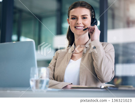 Portrait, call center and woman with a smile, customer service or consultant with a laptop, headphones and crm. Face, female person or representative with headset, pc or telemarketing with connection Portrait, call center and woman with a smile, customer service or consultant with a laptop, headphones and crm. Face, female person or representative with headset, pc or telemarketing with connection 136321023