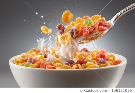 Colorful cereal splashing in milk with spoon close up 136321059