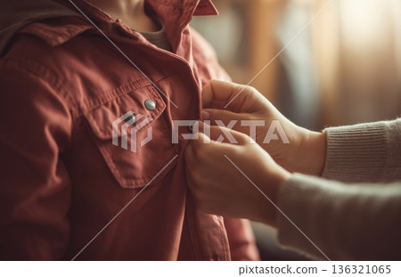 Hands buttoning child coat close up warm morning light 136321065