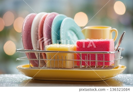 Dish rack with pastel plates sponges and water drops close up 136321084
