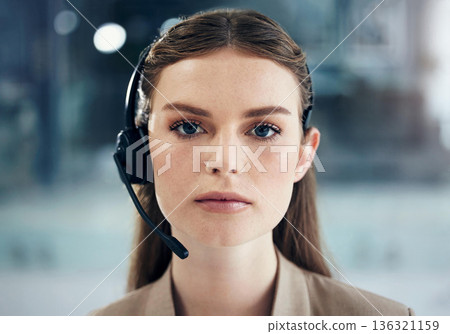 Call center portrait, face or woman in telecom, CRM or telemarketing office for customer services. Microphone headset, ready or serious female sales agent in tech support help desk for consulting Call center portrait, face or woman in telecom, CRM or telemarketing office for customer services. Microphone headset, ready or serious female sales agent in tech support help desk for consulting 136321159