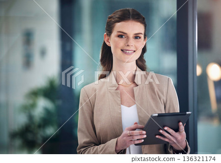 Research, portrait or happy businesswoman with tablet to search content to post or networking in office. Digital agency, startup or social media manager typing online or planning schedule with smile 136321174