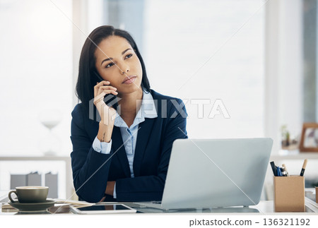 Phone call, thinking and business woman for office communication, decision or listening in HR management. Ideas, virtual feedback and human resources worker or person on mobile for job opportunity Phone call, thinking and business woman for office communication, decision or listening in HR management. Ideas, virtual feedback and human resources worker or person on mobile for job opportunity 136321192