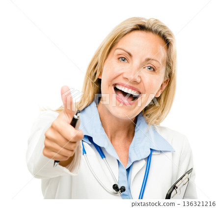 Happy woman, portrait and doctor with thumbs up for approval isolated on a white studio background. Female person, medical or healthcare professional with thumb emoji, yes sign or like for success 136321216