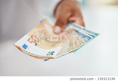 Person, hands and money fan of bills, finance and banking for exchange, budget and financial freedom. Closeup of rich investor, profit and income of bonus, cash savings and wealth of accounting notes Person, hands and money fan of bills, finance and banking for exchange, budget and financial freedom. Closeup of rich investor, profit and income of bonus, cash savings and wealth of accounting notes 136321246