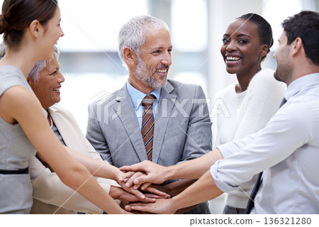 Business people, portrait and hands together for teamwork, cooperation and solidarity. Group, excited and community huddle of employees for support, mission and collaboration for goals in partnership 136321280