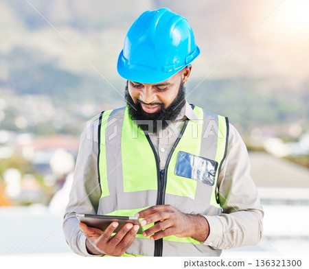 Black man, architect and tablet in city for construction planning, maintenance or building on rooftop. African male person, engineer or contractor working on technology for architecture plan on site 136321300