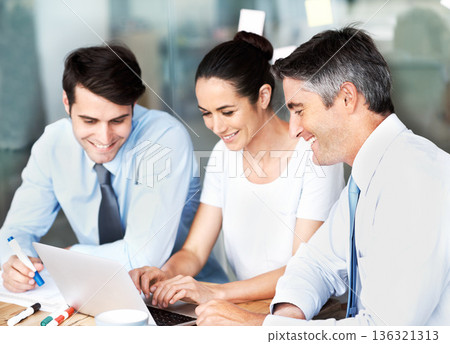 Team, business people and laptop in office for planning, collaboration and discussion. Men and a woman together at a desk with tech for corporate research, brainstorming ideas or marketing strategy Team, business people and laptop in office for planning, collaboration and discussion. Men and a woman together at a desk with tech for corporate research, brainstorming ideas or marketing strategy 136321313
