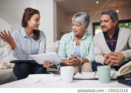 Tablet, senior people and financial advisor for questions, asset management, retirement and finance advice. Old couple, woman and home meeting, digital information with pension, budget and investment Tablet, senior people and financial advisor for questions, asset management, retirement and finance advice. Old couple, woman and home meeting, digital information with pension, budget and investment 136321316