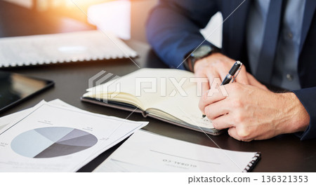 Hands, business man and notes with graphs, analytics and statistics of metrics. Closeup, worker and writing research, data analysis documents and planning infographics of kpi sales chart for economy 136321353