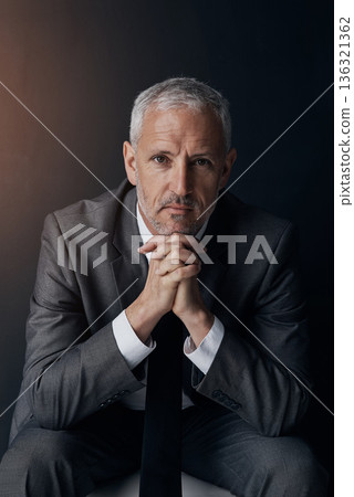 Serious portrait of senior lawyer, confident businessman or legal advisor in suit on dark background in studio. Boss, ceo or business owner with pride, senior executive director or law firm attorney. Serious portrait of senior lawyer, confident businessman or legal advisor in suit on dark background in studio. Boss, ceo or business owner with pride, senior executive director or law firm attorney. 136321362