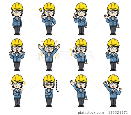 一組插圖，描繪了一位戴著頭盔的中年女工頭。 136321371